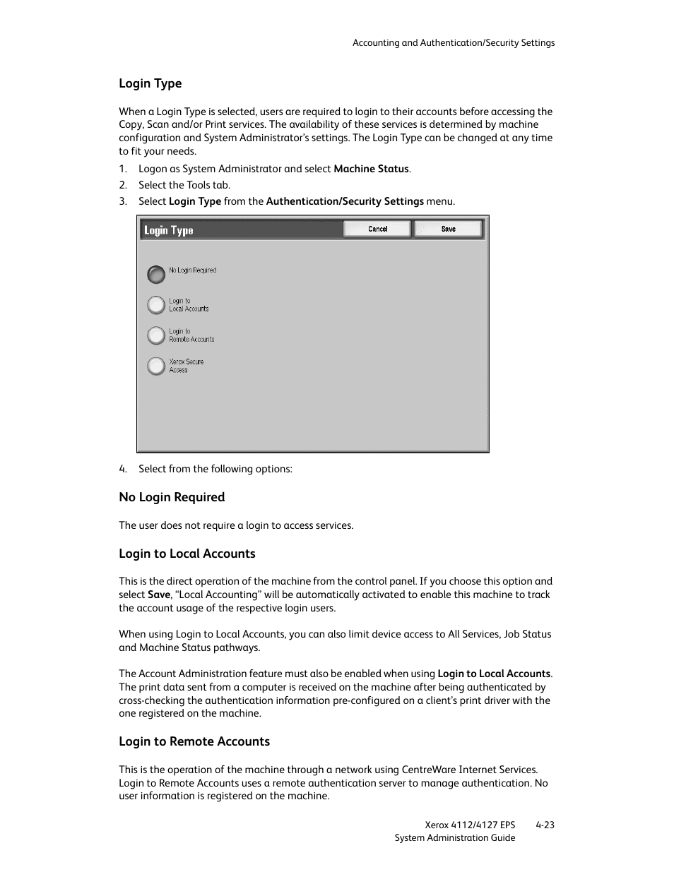 Login type, No login required, Login to local accounts | Login to remote accounts | Xerox 4112-4127 Enterprise Printing System-4611 User Manual | Page 115 / 148