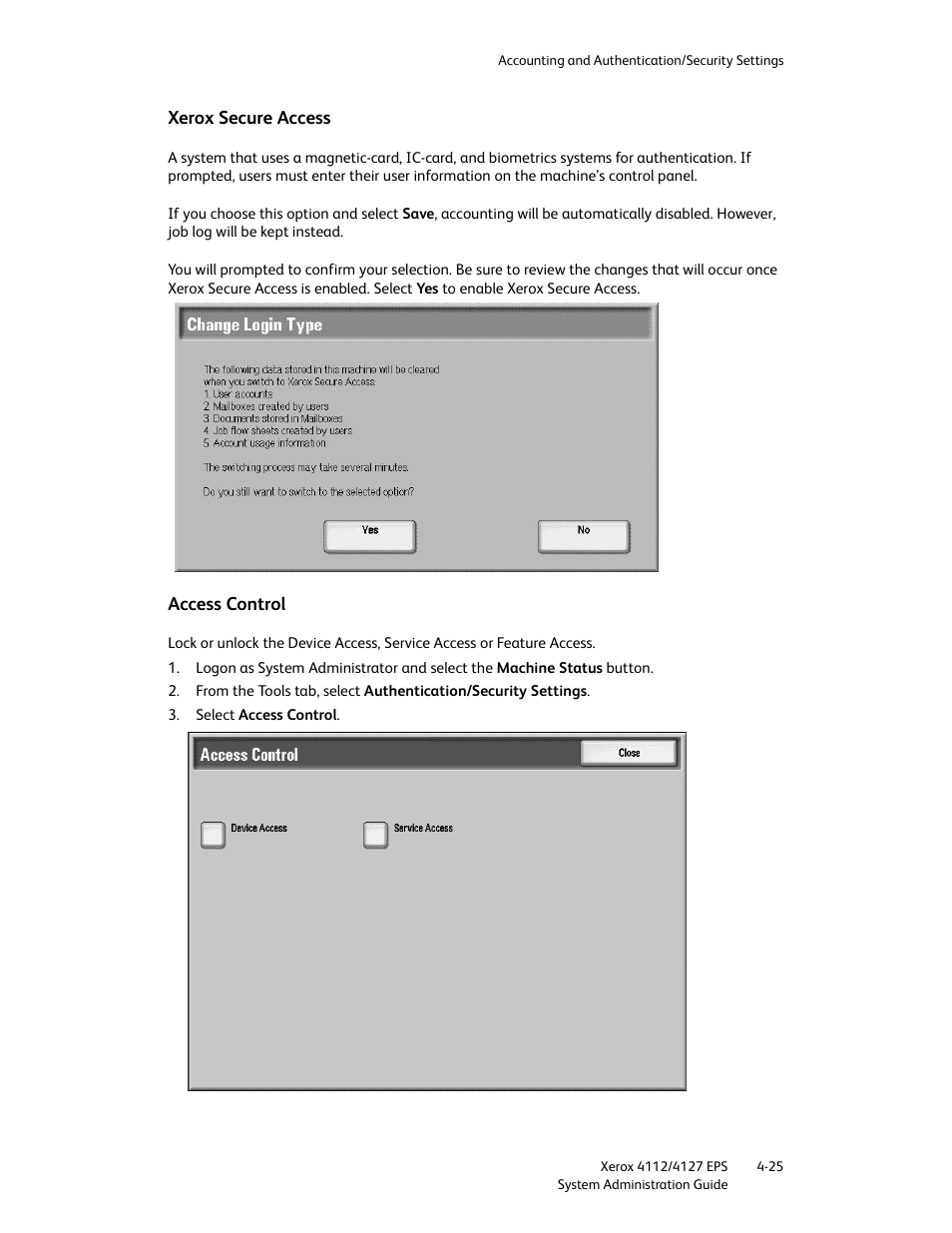 Xerox secure access, Access control, Xerox secure access -25 access control -25 | Xerox 4112-4127 Enterprise Printing System-4611 User Manual | Page 117 / 148