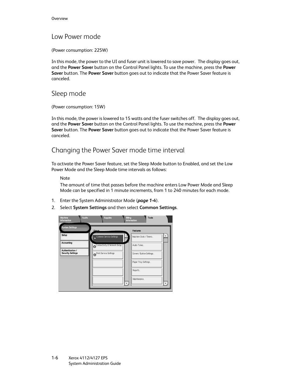 Low power mode, Sleep mode, Changing the power saver mode time interval | Xerox 4112-4127 Enterprise Printing System-4611 User Manual | Page 12 / 148