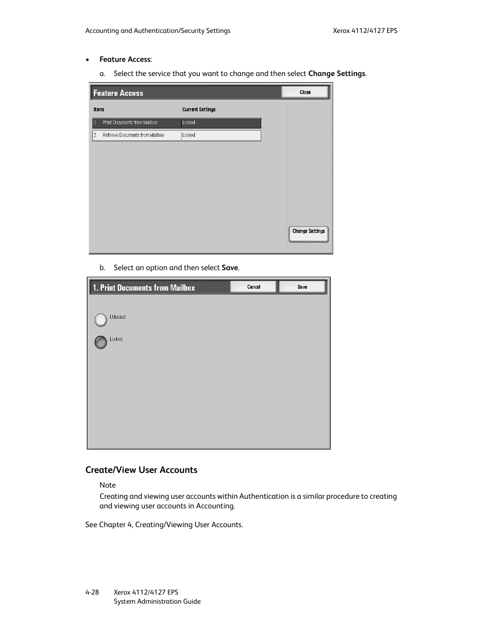 Create/view user accounts, Create/view user accounts -28 | Xerox 4112-4127 Enterprise Printing System-4611 User Manual | Page 120 / 148