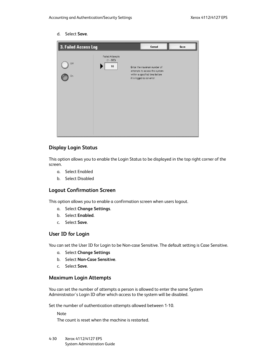 Display login status, Logout confirmation screen, User id for login | Maximum login attempts | Xerox 4112-4127 Enterprise Printing System-4611 User Manual | Page 122 / 148