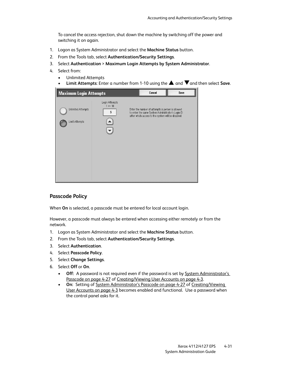 Passcode policy, Passcode policy -31 | Xerox 4112-4127 Enterprise Printing System-4611 User Manual | Page 123 / 148