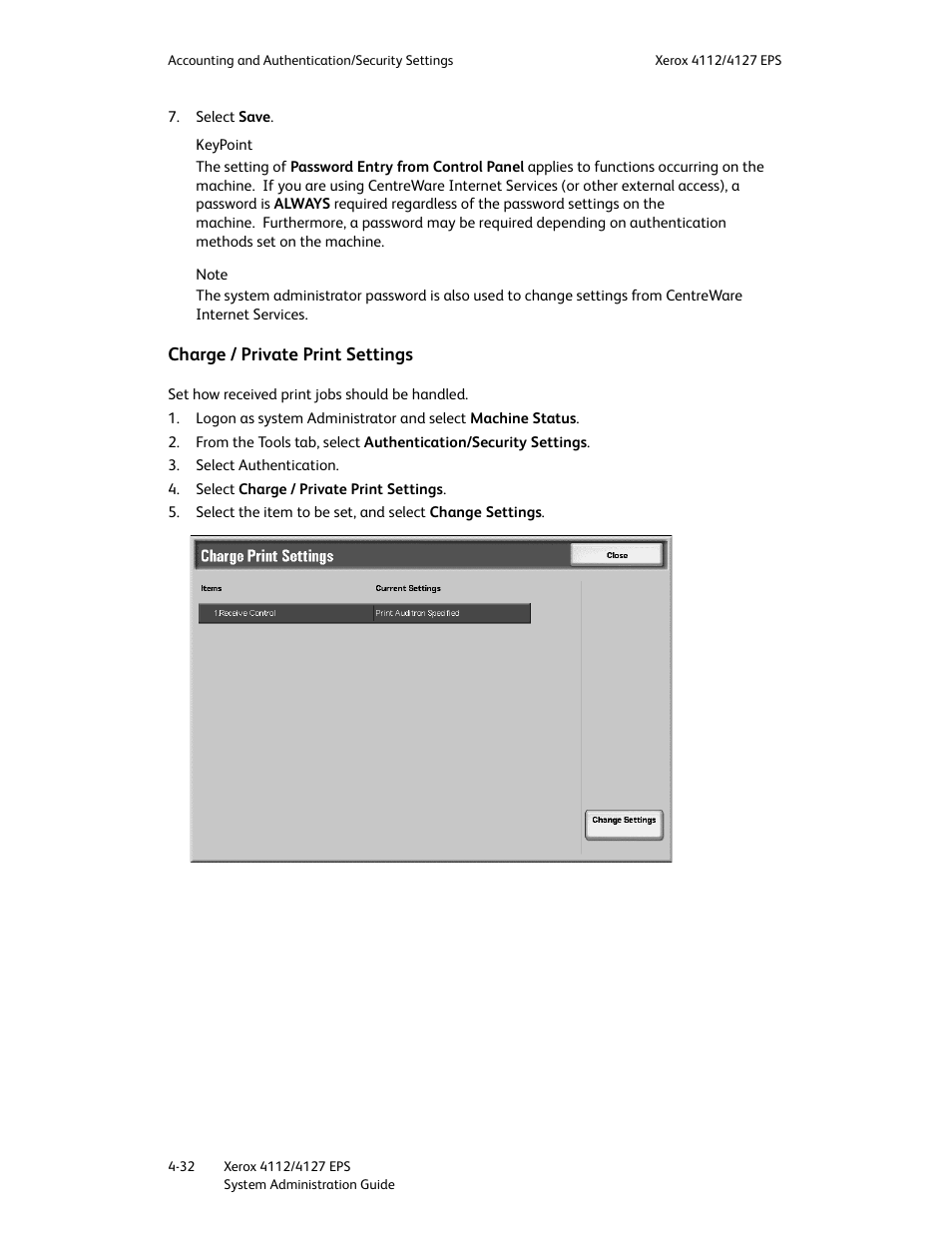 Charge / private print settings, Charge / private print settings -32 | Xerox 4112-4127 Enterprise Printing System-4611 User Manual | Page 124 / 148