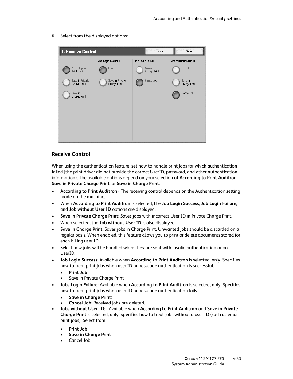 Receive control, Receive control -33 | Xerox 4112-4127 Enterprise Printing System-4611 User Manual | Page 125 / 148