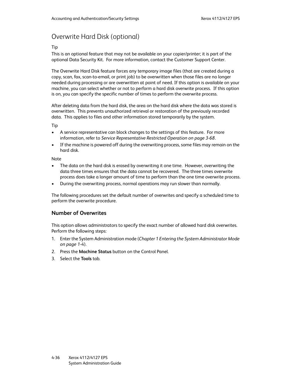 Overwrite hard disk (optional), Number of overwrites, Overwrite hard disk (optional) -36 | Number of overwrites -36 | Xerox 4112-4127 Enterprise Printing System-4611 User Manual | Page 128 / 148