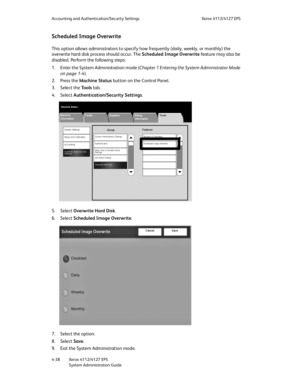 Scheduled image overwrite, Scheduled image overwrite -38 | Xerox 4112-4127 Enterprise Printing System-4611 User Manual | Page 130 / 148
