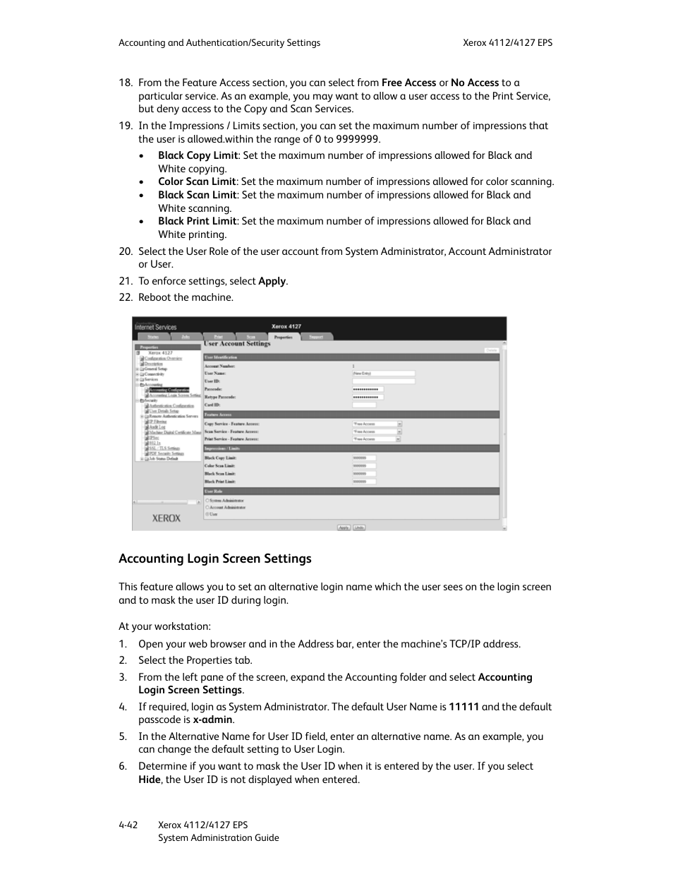 Accounting login screen settings, Accounting login screen settings -42 | Xerox 4112-4127 Enterprise Printing System-4611 User Manual | Page 134 / 148
