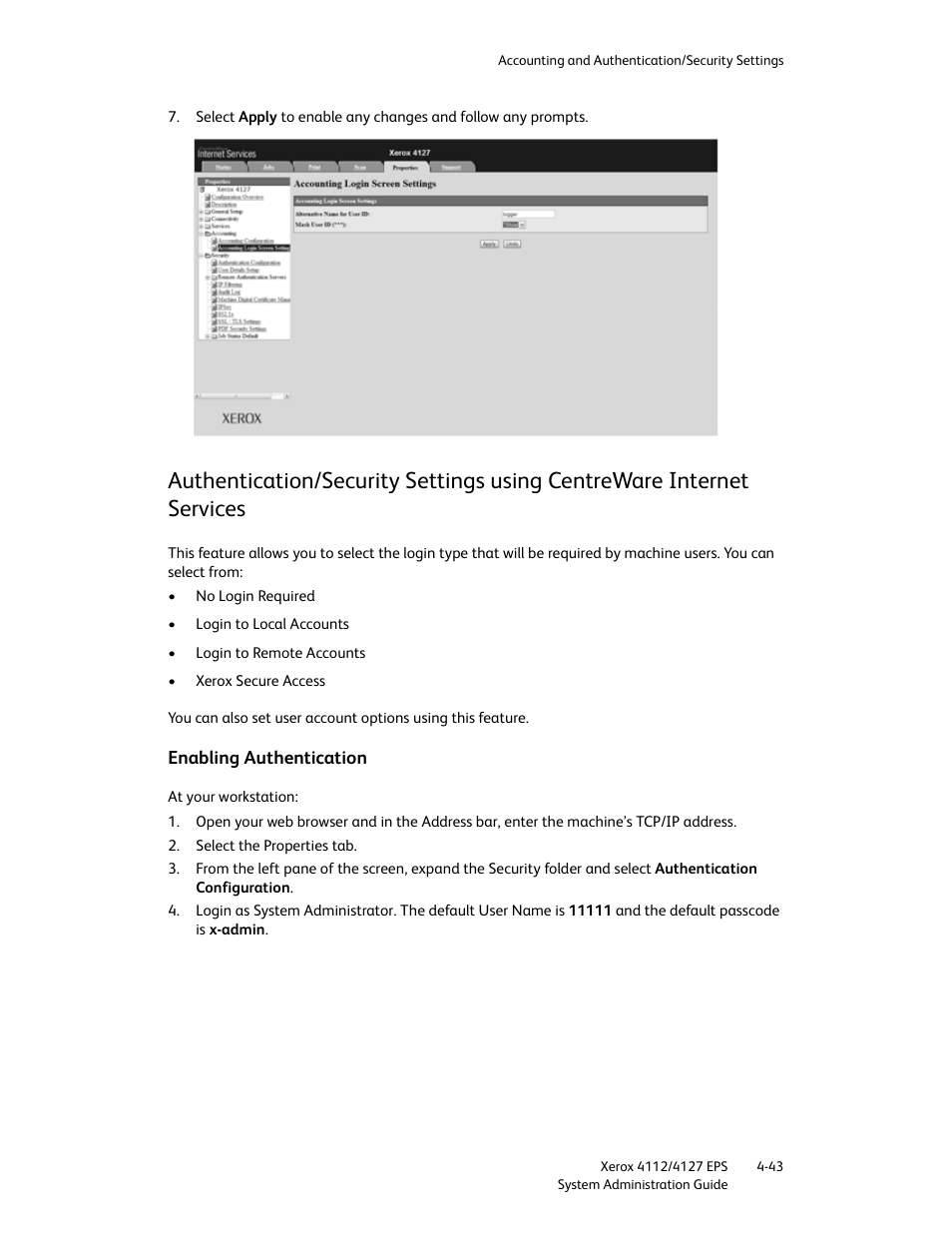 Enabling authentication, Enabling authentication -43 | Xerox 4112-4127 Enterprise Printing System-4611 User Manual | Page 135 / 148