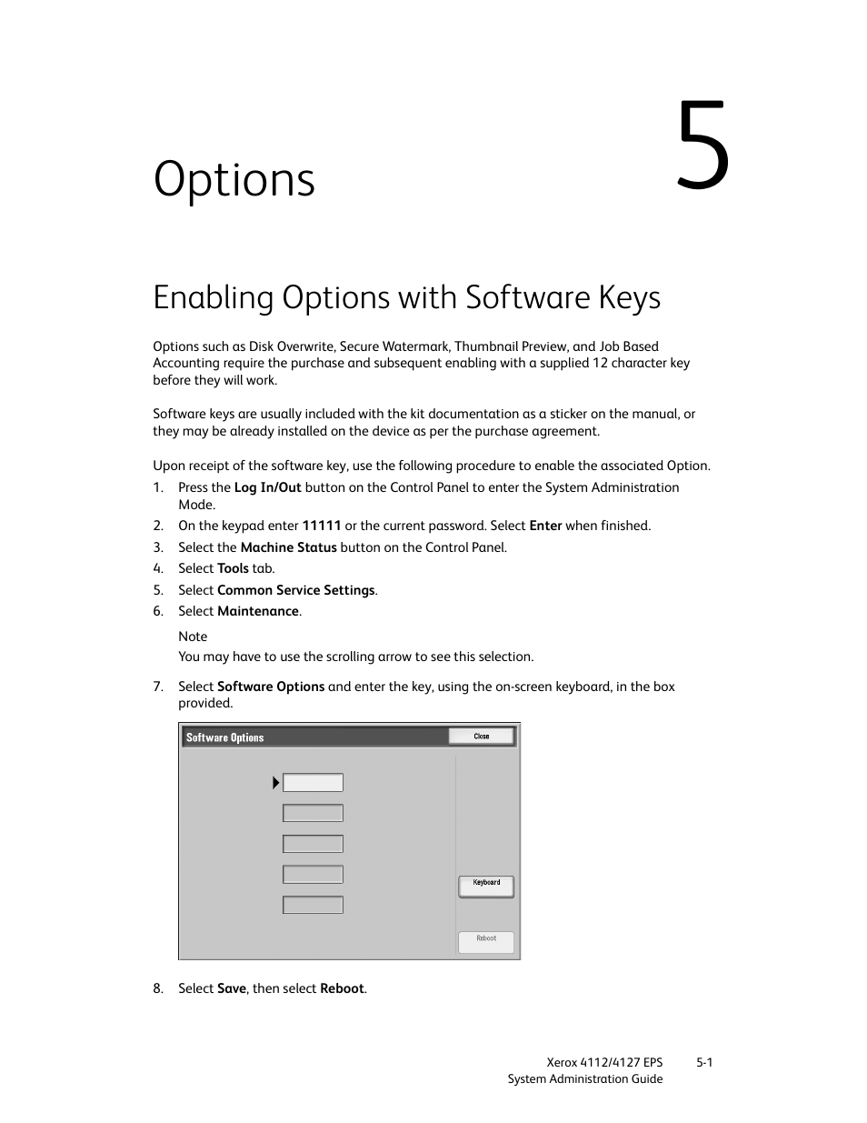 Options, Enabling options with software keys, Options -1 | Enabling options with software keys -1 | Xerox 4112-4127 Enterprise Printing System-4611 User Manual | Page 137 / 148