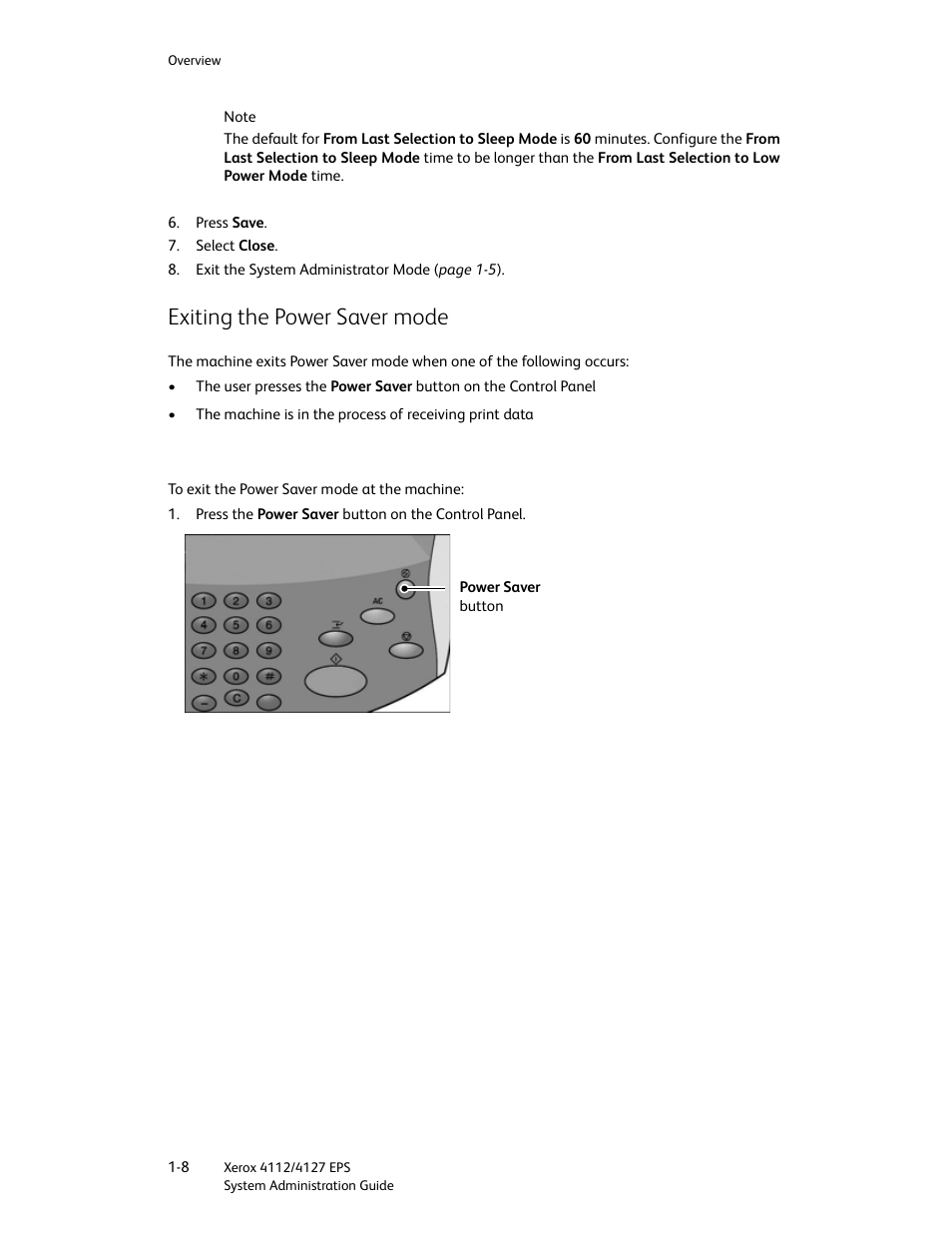 Exiting the power saver mode, Exiting the power saver mode -8 | Xerox 4112-4127 Enterprise Printing System-4611 User Manual | Page 14 / 148