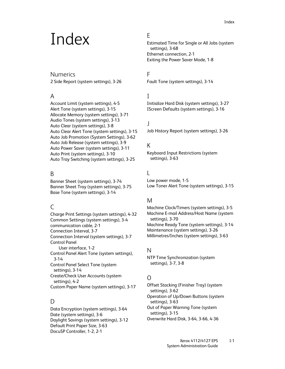 Index, Numerics | Xerox 4112-4127 Enterprise Printing System-4611 User Manual | Page 145 / 148