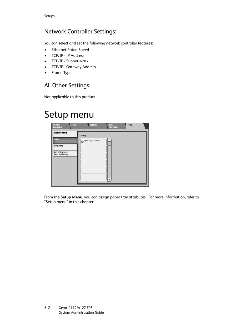 Network controller settings, All other settings, Setup menu | Setup menu -2 | Xerox 4112-4127 Enterprise Printing System-4611 User Manual | Page 18 / 148