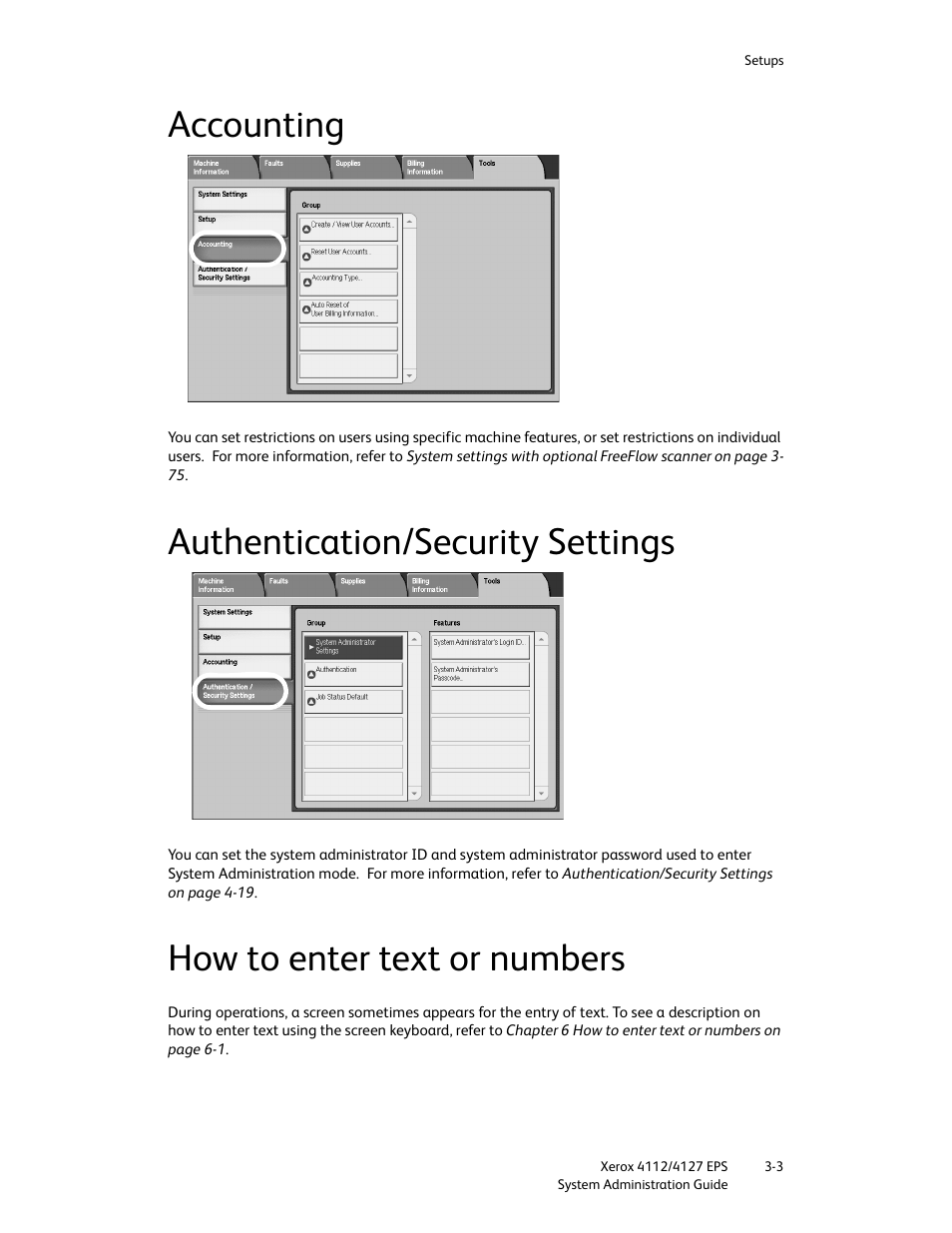 Accounting, Authentication/security settings, How to enter text or numbers | Xerox 4112-4127 Enterprise Printing System-4611 User Manual | Page 19 / 148