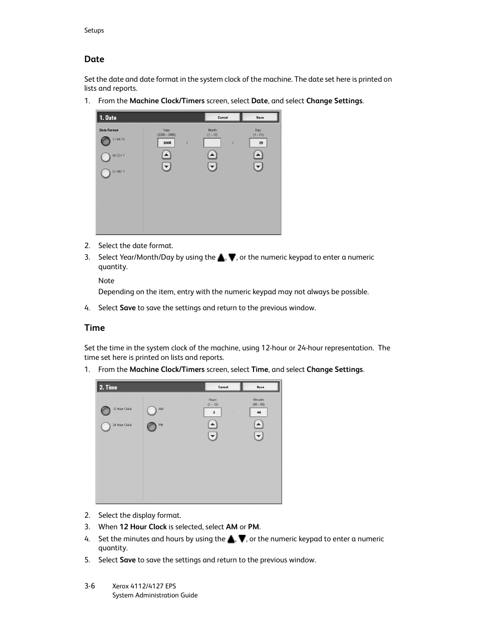 Date, Time, Date -6 time -6 | Xerox 4112-4127 Enterprise Printing System-4611 User Manual | Page 22 / 148