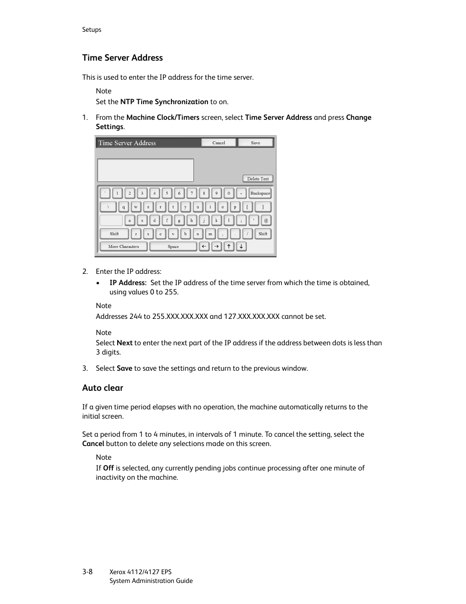 Time server address, Auto clear, Time server address -8 auto clear -8 | Xerox 4112-4127 Enterprise Printing System-4611 User Manual | Page 24 / 148