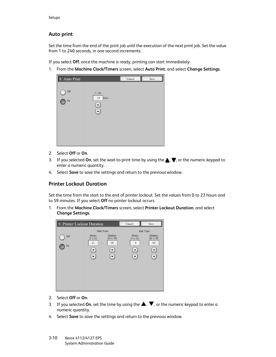 Auto print, Printer lockout duration, Auto print -10 | Printer lockout duration -10 | Xerox 4112-4127 Enterprise Printing System-4611 User Manual | Page 26 / 148