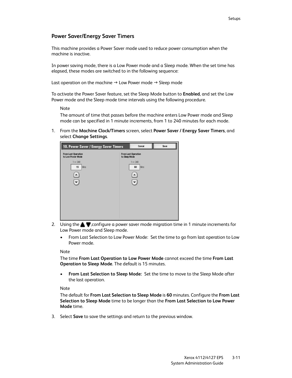 Power saver/energy saver timers, Power saver/energy saver timers -11 | Xerox 4112-4127 Enterprise Printing System-4611 User Manual | Page 27 / 148
