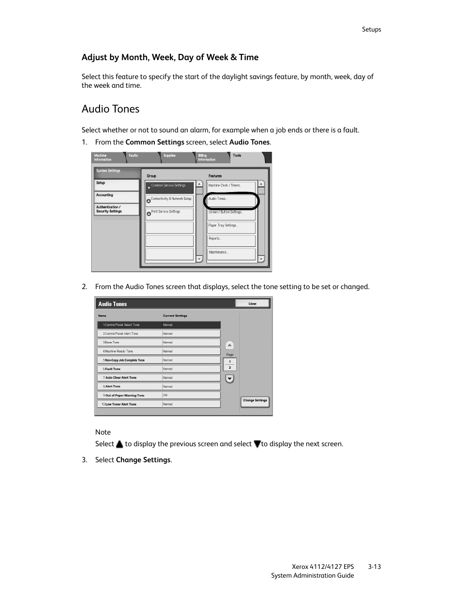 Adjust by month, week, day of week & time, Audio tones, Adjust by month, week, day of week & time -13 | Audio tones -13 | Xerox 4112-4127 Enterprise Printing System-4611 User Manual | Page 29 / 148