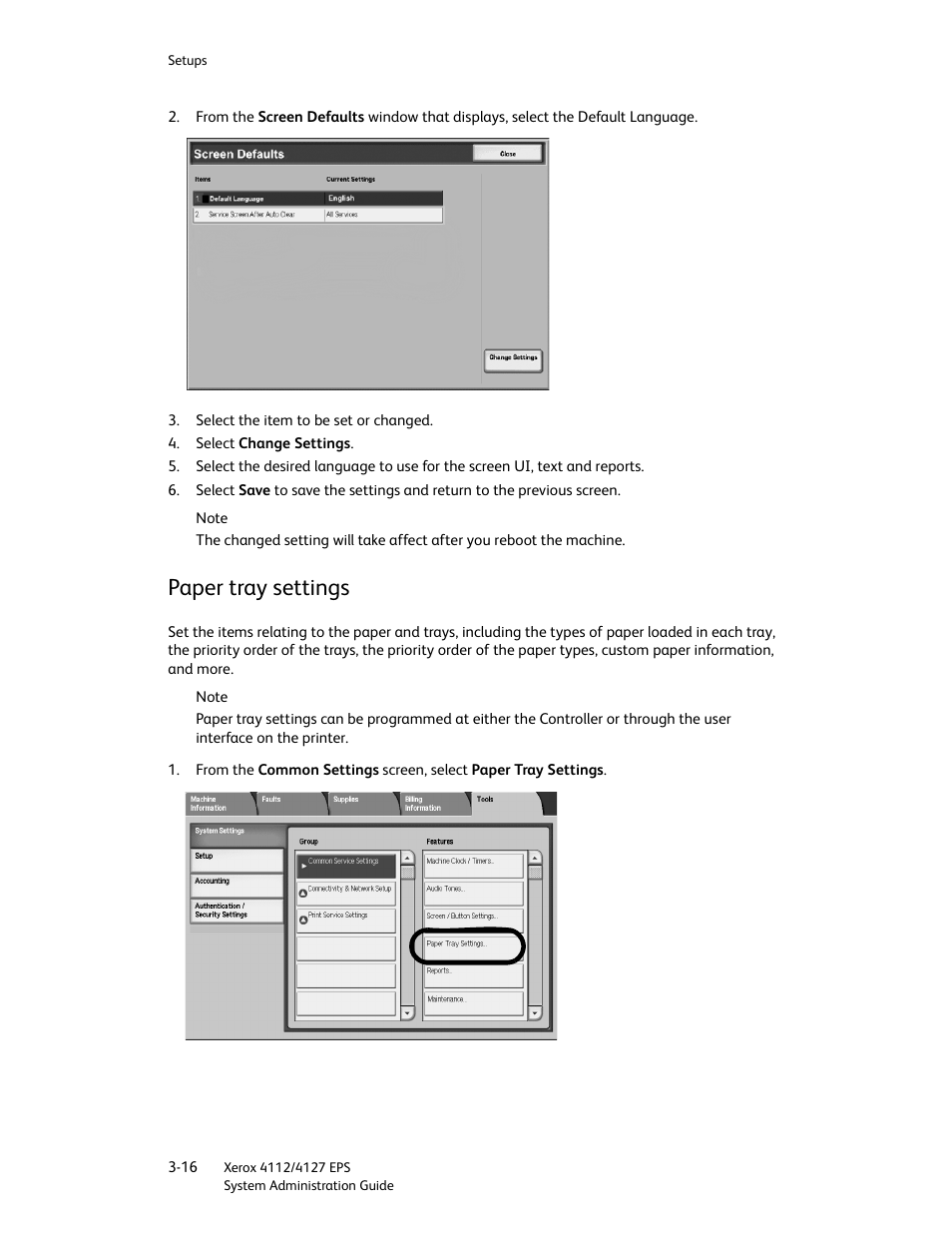 Paper tray settings, Paper tray settings -16 | Xerox 4112-4127 Enterprise Printing System-4611 User Manual | Page 32 / 148