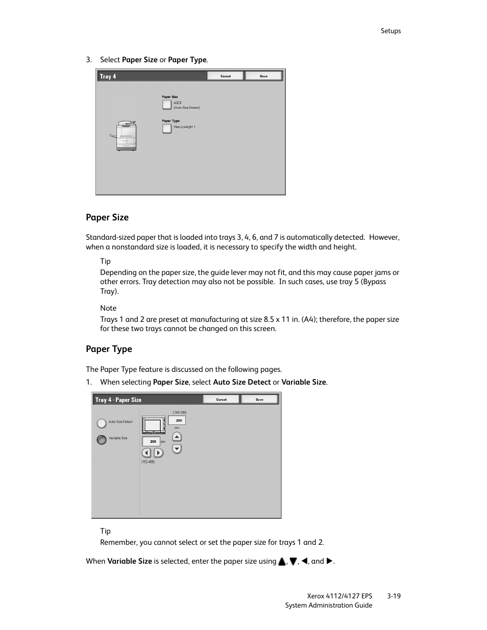 Paper size, Paper type, Paper size -19 paper type -19 | Xerox 4112-4127 Enterprise Printing System-4611 User Manual | Page 35 / 148