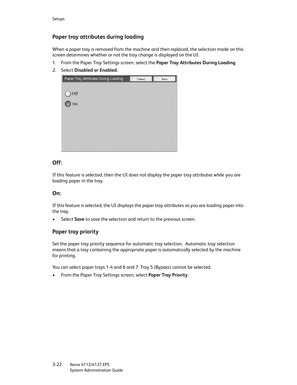 Paper tray attributes during loading, Paper tray priority | Xerox 4112-4127 Enterprise Printing System-4611 User Manual | Page 38 / 148