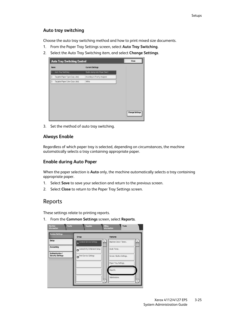 Auto tray switching, Always enable, Enable during auto paper | Reports, Reports -25 | Xerox 4112-4127 Enterprise Printing System-4611 User Manual | Page 41 / 148