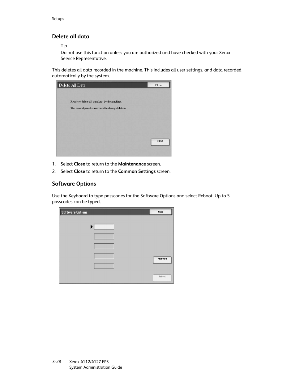 Delete all data, Software options, Delete all data -28 software options -28 | Xerox 4112-4127 Enterprise Printing System-4611 User Manual | Page 44 / 148