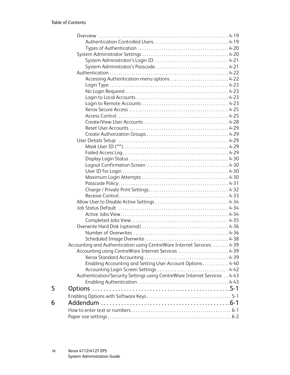 5options -1, 6addendum -1 | Xerox 4112-4127 Enterprise Printing System-4611 User Manual | Page 6 / 148