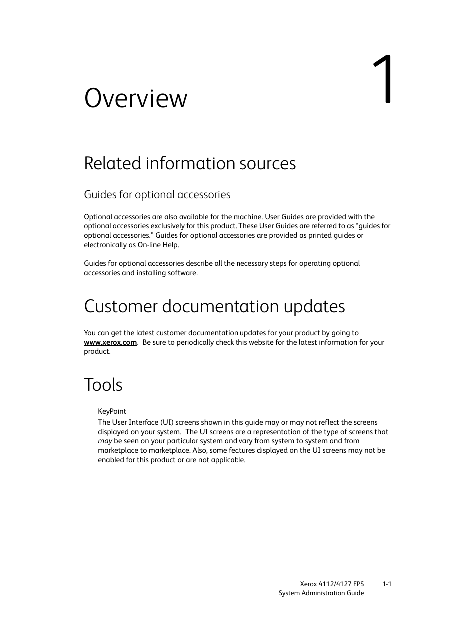 Overview, Related information sources, Guides for optional accessories | Customer documentation updates, Tools, Overview -1, Related information sources -1, Guides for optional accessories -1, Customer documentation updates -1 tools -1 | Xerox 4112-4127 Enterprise Printing System-4611 User Manual | Page 7 / 148