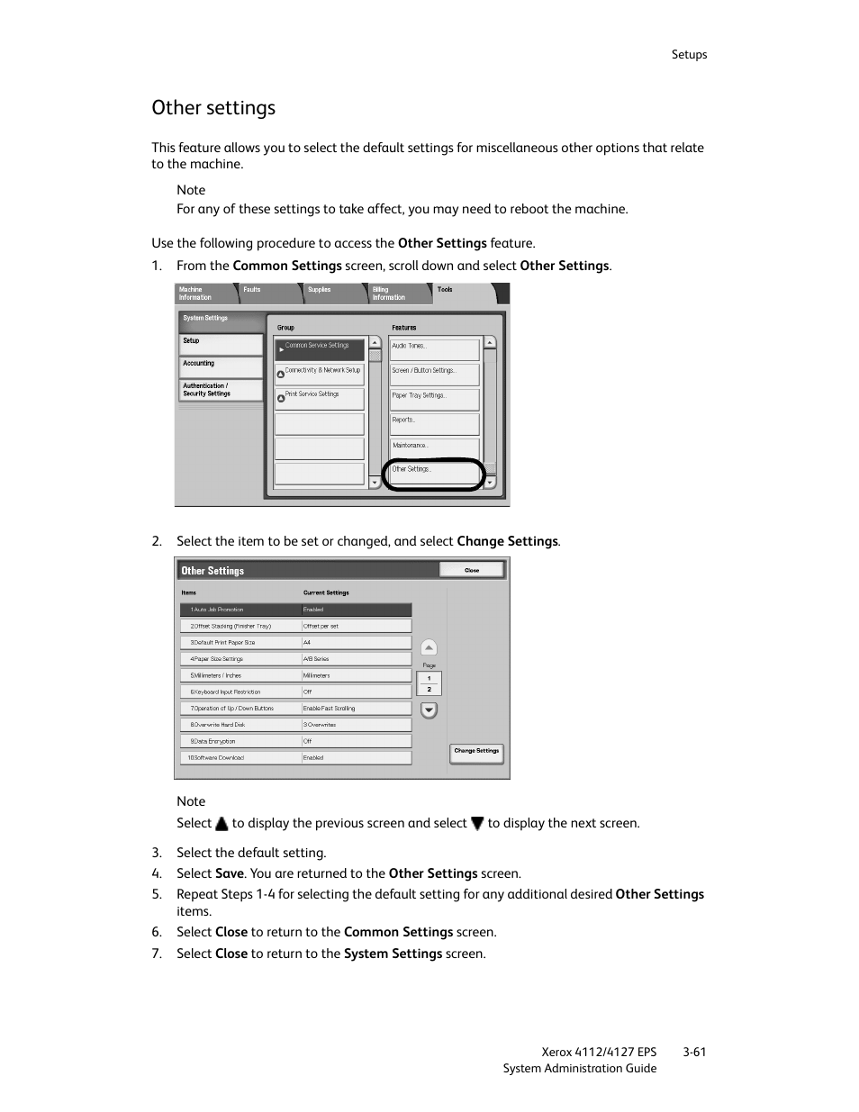 Other settings, Other settings -61 | Xerox 4112-4127 Enterprise Printing System-4611 User Manual | Page 77 / 148