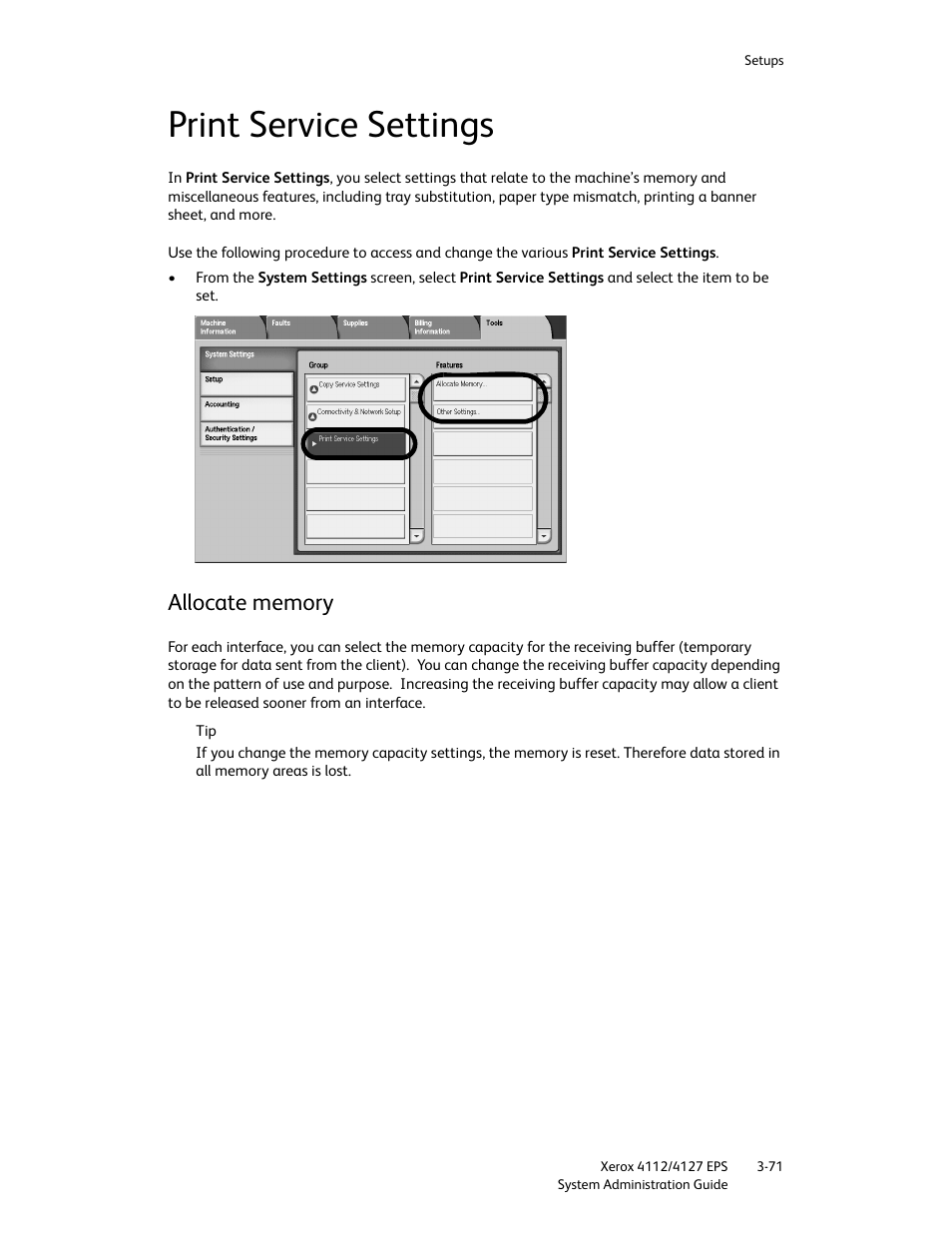 Print service settings, Allocate memory, Print service settings -71 | Allocate memory -71 | Xerox 4112-4127 Enterprise Printing System-4611 User Manual | Page 87 / 148