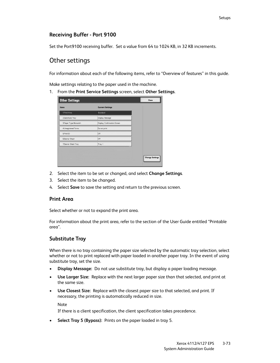 Receiving buffer - port 9100, Other settings, Print area | Substitute tray, Receiving buffer - port 9100 -73, Other settings -73, Print area -73 substitute tray -73 | Xerox 4112-4127 Enterprise Printing System-4611 User Manual | Page 89 / 148