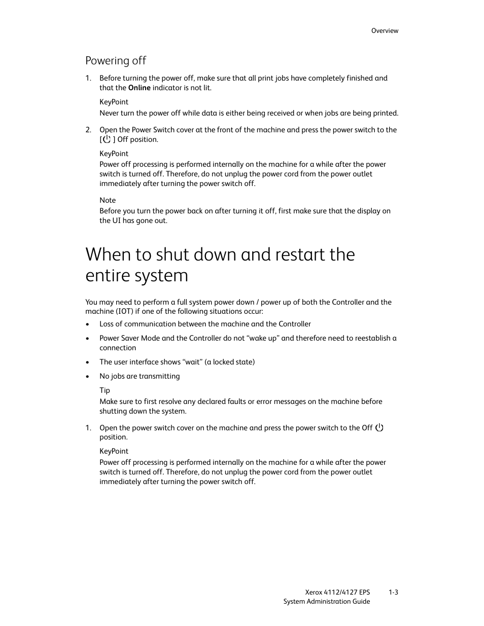 Powering off, When to shut down and restart the entire system, Powering off -3 | When to shut down and restart the entire system -3 | Xerox 4112-4127 Enterprise Printing System-4611 User Manual | Page 9 / 148