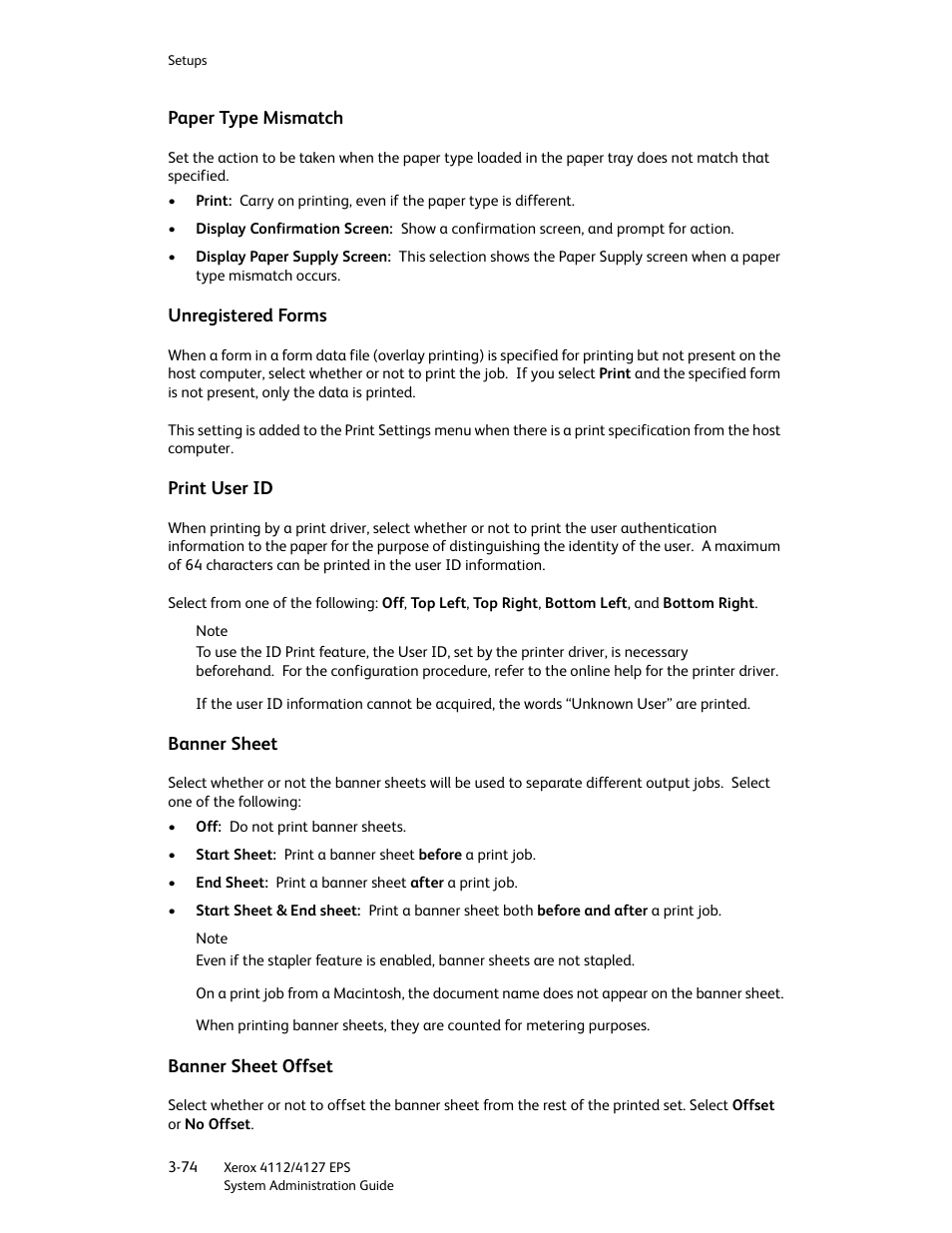 Paper type mismatch, Unregistered forms, Print user id | Banner sheet, Banner sheet offset | Xerox 4112-4127 Enterprise Printing System-4611 User Manual | Page 90 / 148