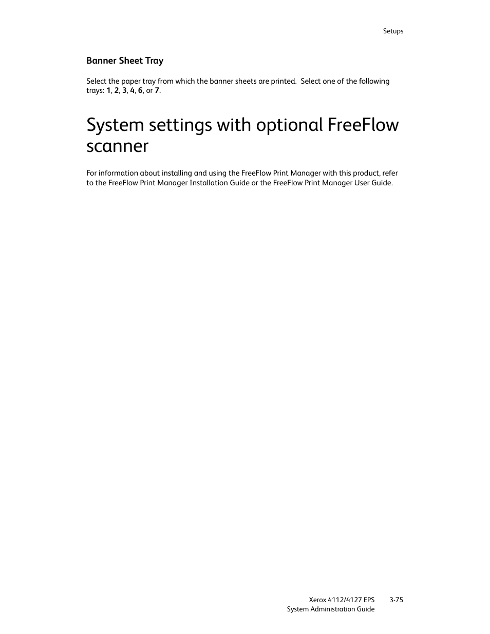 Banner sheet tray, System settings with optional freeflow scanner, Banner sheet tray -75 | System settings with optional freeflow scanner -75 | Xerox 4112-4127 Enterprise Printing System-4611 User Manual | Page 91 / 148