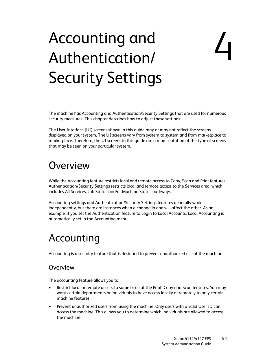 Accounting and authentication/ security settings, Overview, Accounting | Accounting and authentication/security settings -1, Overview -1 accounting -1, Overview -1 | Xerox 4112-4127 Enterprise Printing System-4611 User Manual | Page 93 / 148