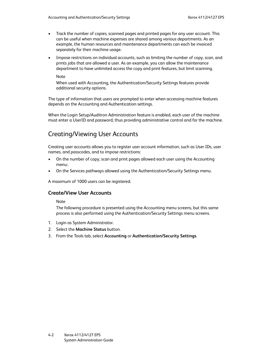 Creating/viewing user accounts, Create/view user accounts, Creating/viewing user accounts -2 | Create/view user accounts -2 | Xerox 4112-4127 Enterprise Printing System-4611 User Manual | Page 94 / 148