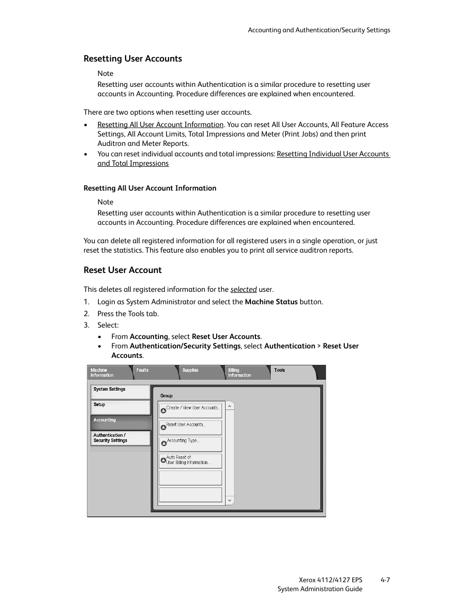 Resetting user accounts, Reset user account, Resetting user accounts -7 reset user account -7 | Xerox 4112-4127 Enterprise Printing System-4611 User Manual | Page 99 / 148