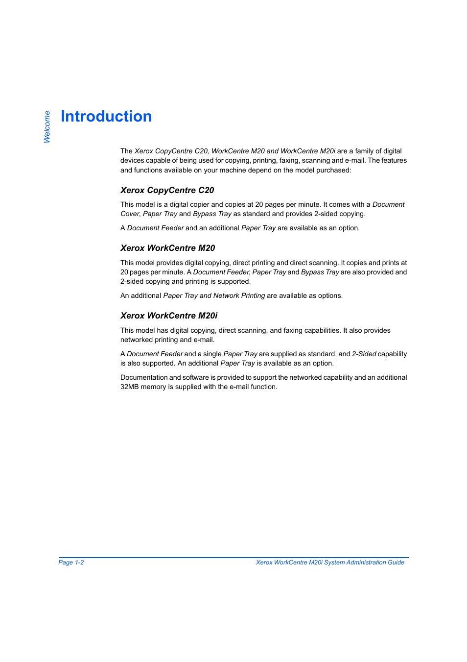 Introduction, Xerox copycentre c20, Xerox workcentre m20 | Xerox workcentre m20i, Introduction -2 | Xerox WorkCentre M20-M20i-2723 User Manual | Page 10 / 218