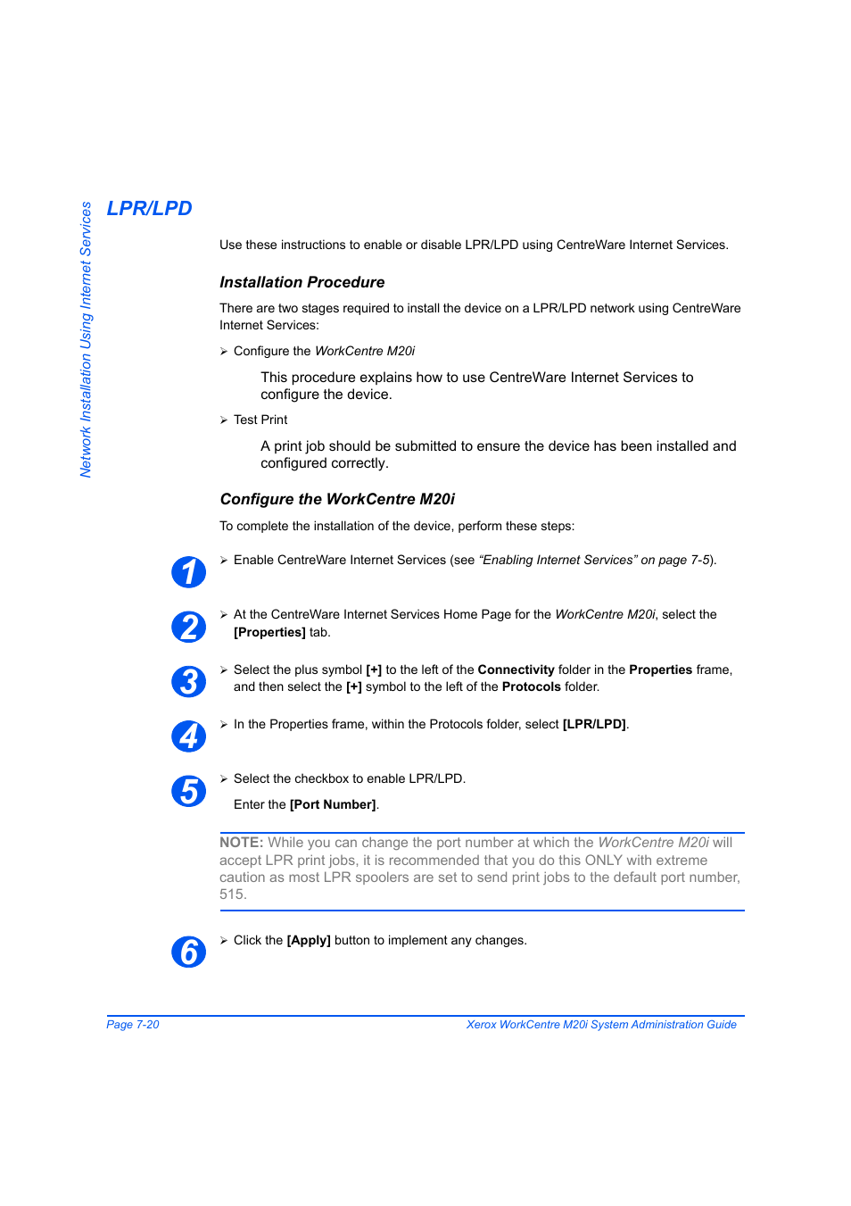Lpr/lpd, Installation procedure, Configure the workcentre m20i | Lpr/lpd -20, Age 7-20 | Xerox WorkCentre M20-M20i-2723 User Manual | Page 108 / 218