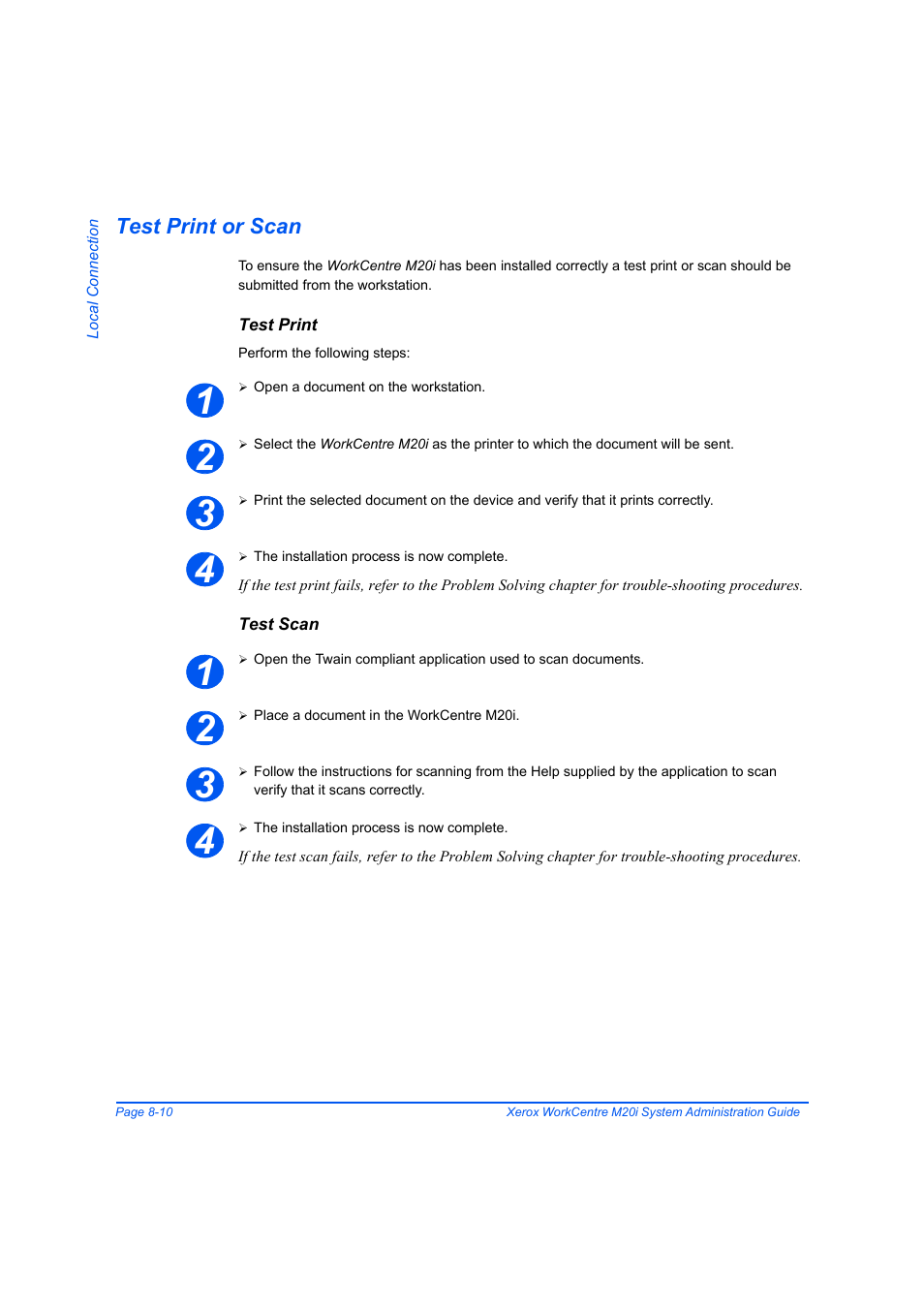 Test print or scan, Test print, Test scan | Test print or scan -10 | Xerox WorkCentre M20-M20i-2723 User Manual | Page 126 / 218