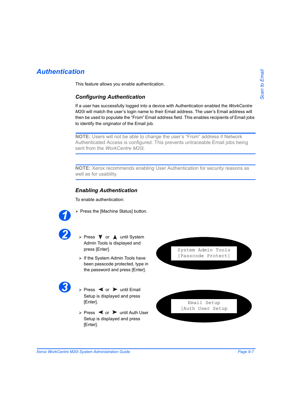 Authentication, Configuring authentication, Enabling authentication | Authentication -7, Ge 9-7 | Xerox WorkCentre M20-M20i-2723 User Manual | Page 133 / 218