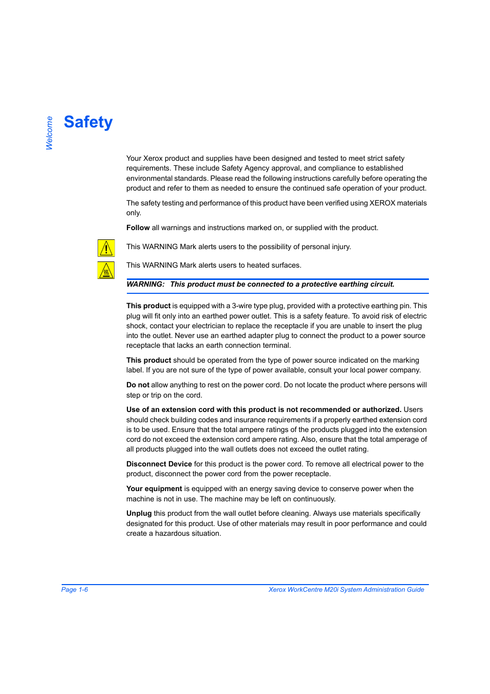 Safety, Safety -6 | Xerox WorkCentre M20-M20i-2723 User Manual | Page 14 / 218