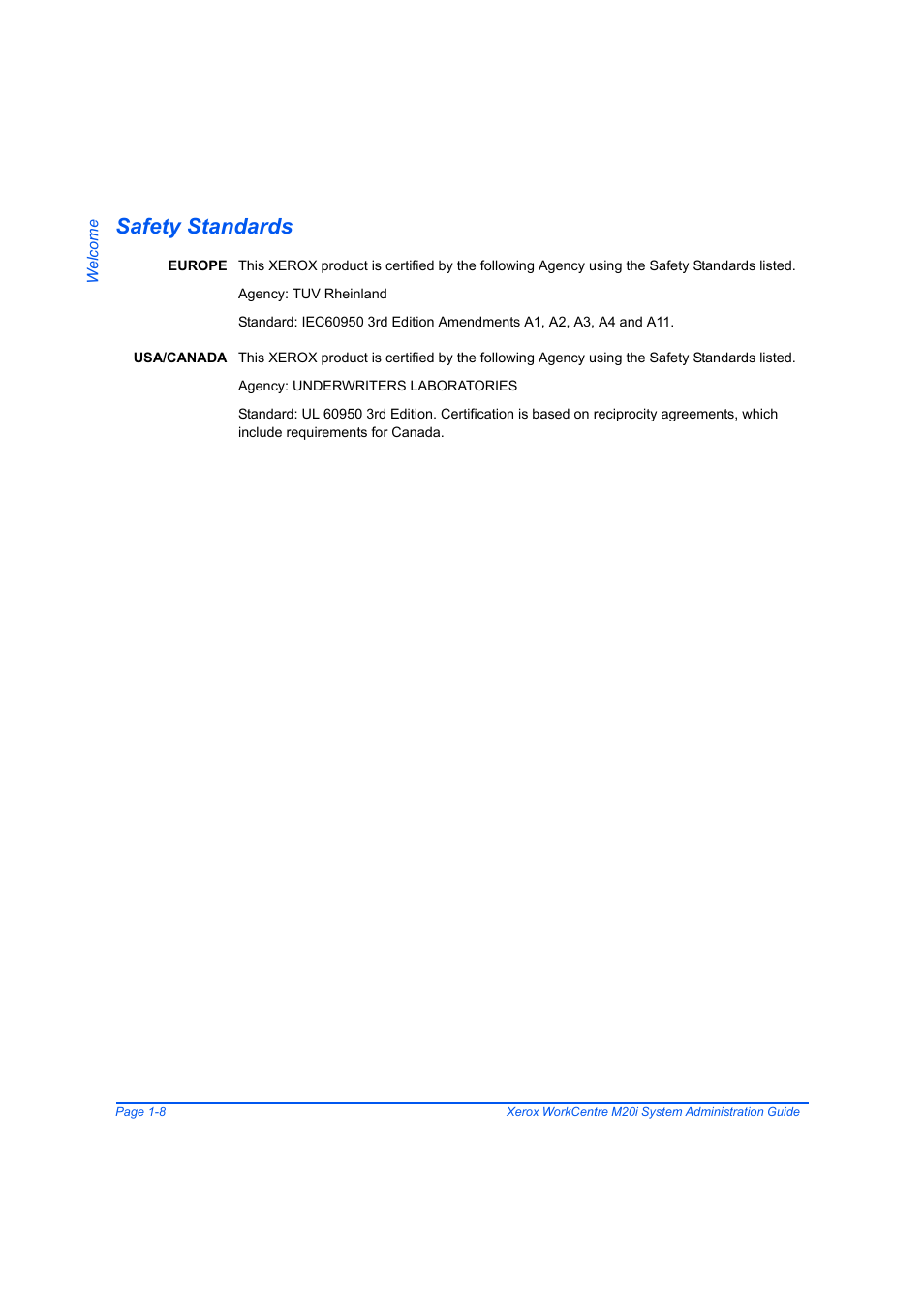 Safety standards, Safety standards -8 | Xerox WorkCentre M20-M20i-2723 User Manual | Page 16 / 218