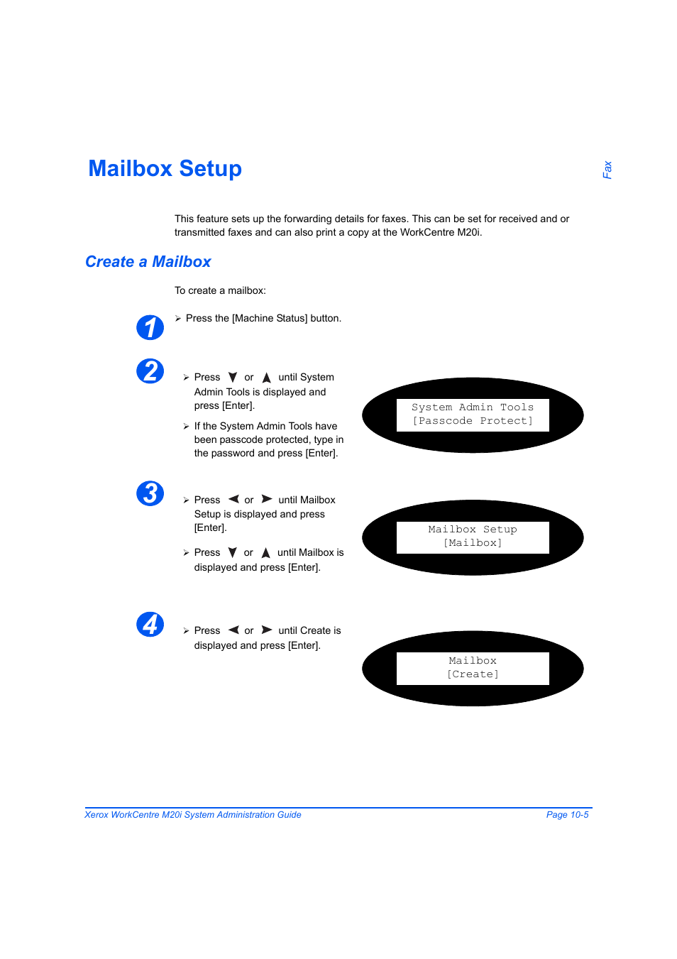 Mailbox setup, Create a mailbox, Mailbox setup -5 | Create a mailbox -5 | Xerox WorkCentre M20-M20i-2723 User Manual | Page 161 / 218