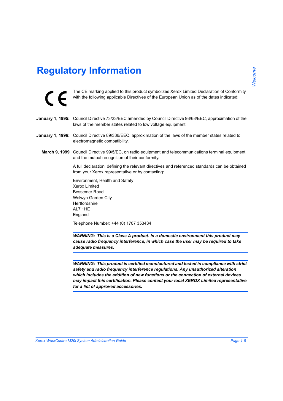 Regulatory information, Regulatory information -9 | Xerox WorkCentre M20-M20i-2723 User Manual | Page 17 / 218