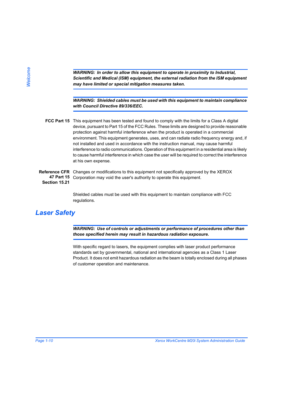 Laser safety, Laser safety -10 | Xerox WorkCentre M20-M20i-2723 User Manual | Page 18 / 218