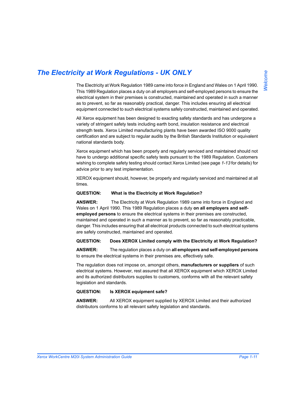 The electricity at work regulations - uk only, The electricity at work regulations - uk only -11 | Xerox WorkCentre M20-M20i-2723 User Manual | Page 19 / 218