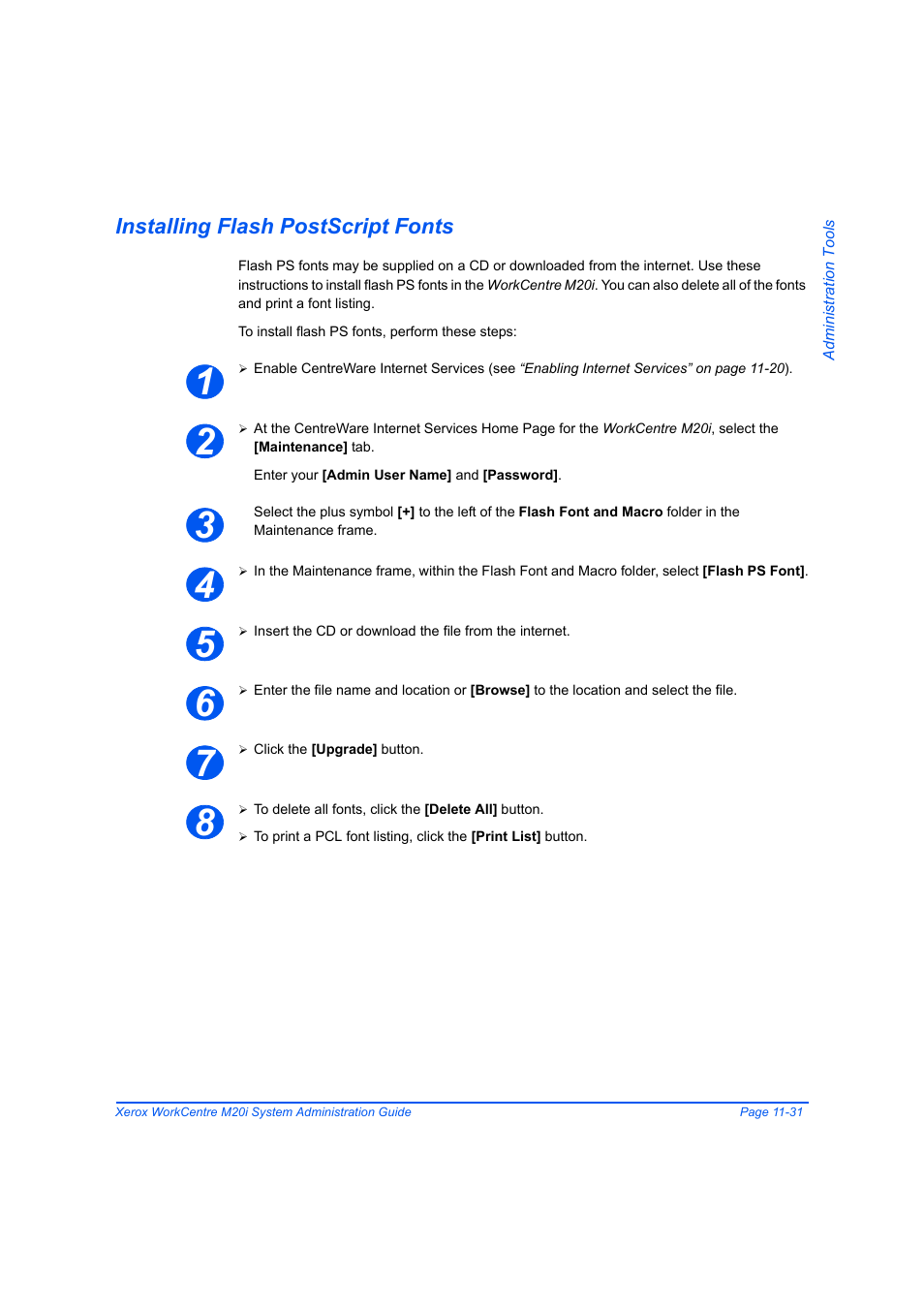 Installing flash postscript fonts, Installing flash postscript fonts -31 | Xerox WorkCentre M20-M20i-2723 User Manual | Page 199 / 218