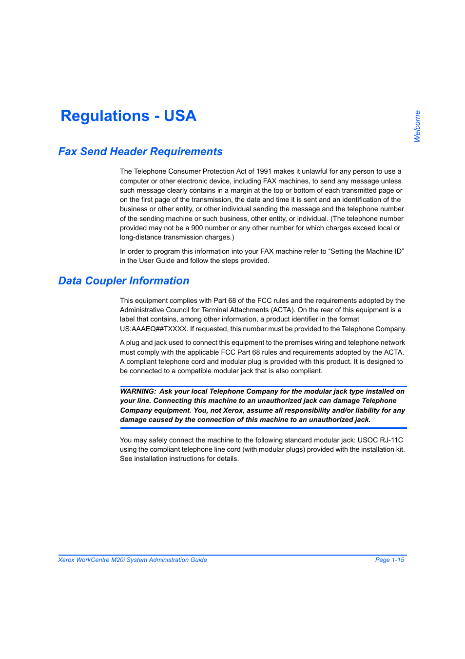 Regulations - usa, Fax send header requirements, Data coupler information | Regulations - usa -15 | Xerox WorkCentre M20-M20i-2723 User Manual | Page 23 / 218